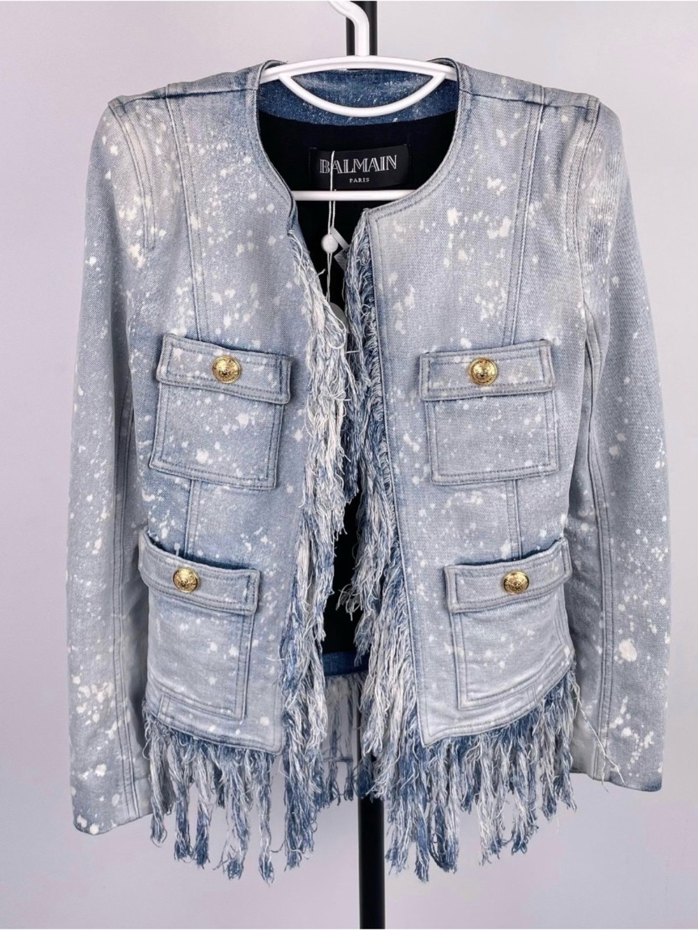 Balmain Light Blue Speckled Fringe Denim Jacket